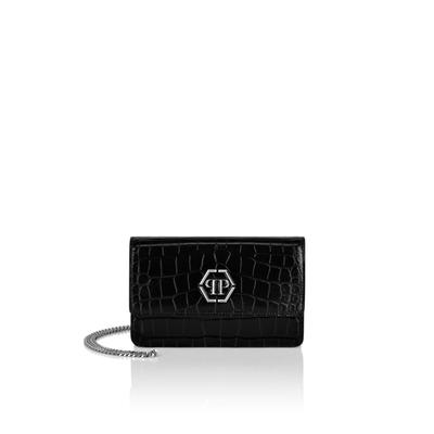 Schultertasche PHILIPP PLEIN "Hexagon Crocco Print", Damen, 02, schwarz, Taschen Schultertasche