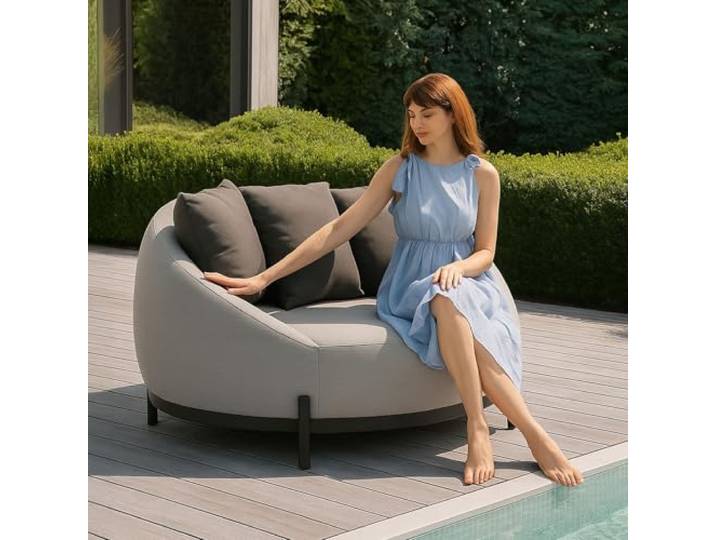 IDIMEX Outdoor-Sofa BARI rund,mit 3 Kissen Hellgrau – Bequeme Gartencouch mit schwarzem Aluminiumgestell und wetterfestem Stoff ideal für Garten Balkon Terrasse