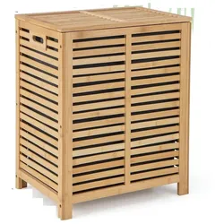 COSTWAY Wäschekorb mit Deckel, groß, 80 l Wäschekorb, Bambus, Wäschebox mit Wäschesack
