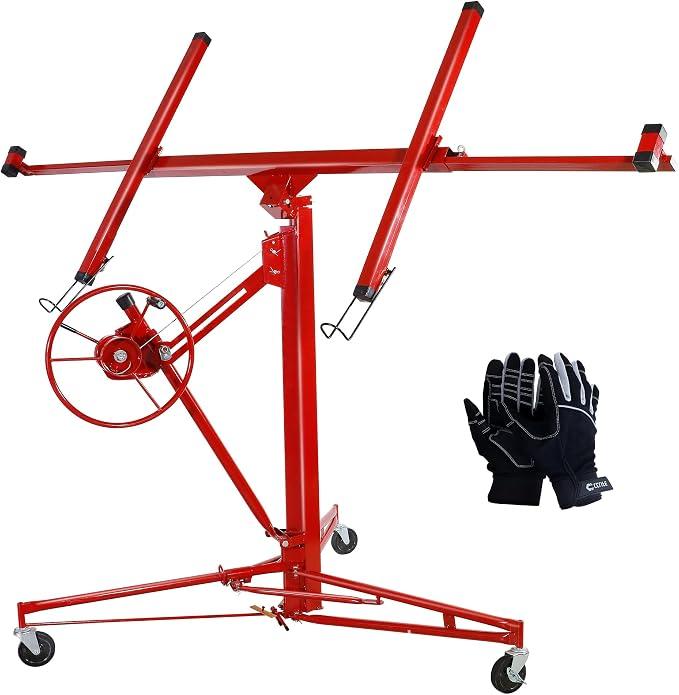 Plattenheber Klappbar Trockenbau Rigips inkl. Mechanikerhandschuhe | Klappbarer Plattenlift XXL rot mit 3 feststellbaren Rädern bis 68kg Traglast Höhe 140-350cm, Trockenbauhilfe mit Handschuhen