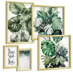 BILDER SET 5er Set - 50x50 cm & 20x30 cm & 40x60 cm Goldrahmen - Blattpflanzen leben, lachen, lieben