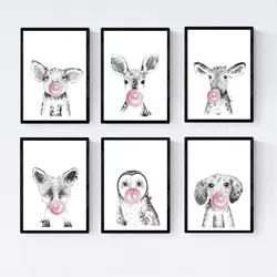 POSTER Set Mit 6 Tiere Babys Mit Kaugummi Pork Hirsch Vaca Zorro Eulenhund A3 Rahmenlos