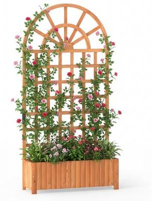 "Costway Wooden Raised Garden Bed with Trellis 71"" Outdoor Planter Box Privacy Screen-Brown"