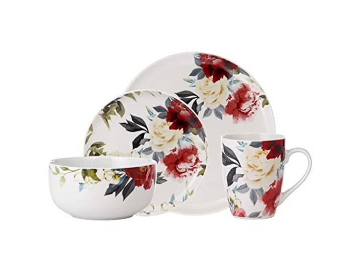 Safdie & Co. Rose Garden 16-teiliges Geschirr-Set, Service für 4, Fiesta-Geschirr, Teller und Schüsseln, Netzwerkutensilien, Porzellan-Speiseteller, mehrfarbig, 40,6 cm L x 30,5 cm B x 38,1 cm H