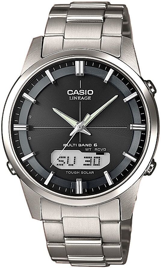 Funkchronograph CASIO FUNK, silber (silberfarben, schwarz, silberfarben), Armbanduhren, Herren, Funkchronograph, Solaruhr, Armbanduhr, Herrenuhr, Funkuhr, Titanarmband, Saphirglas