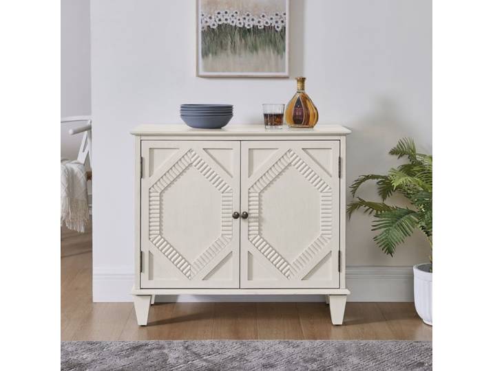 ROVRYN Buffet bas rétro 2 portes 76 5 cm blanc antique étagère réglable et motif géométrique