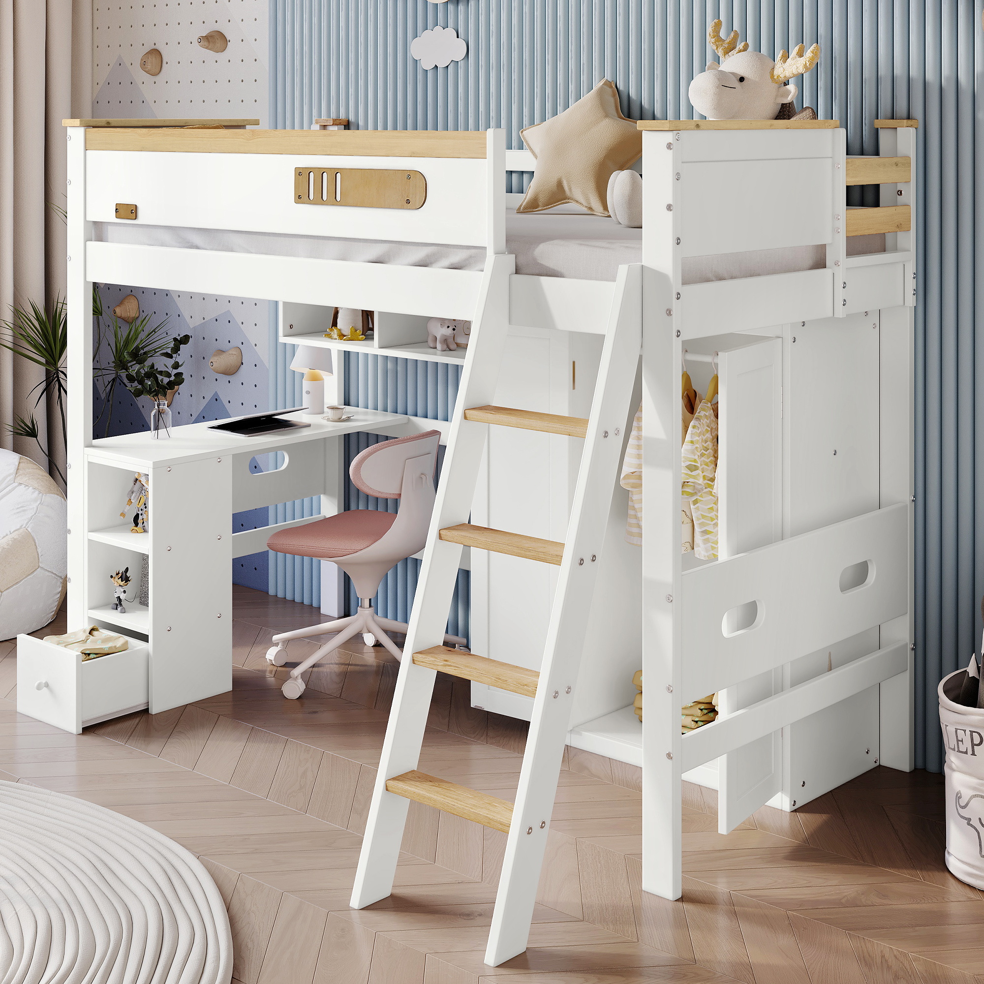 Kinder-Etagenbett mit Schutzgitter, Schreibtisch, Kleiderschrank, offenem Regal, Weiß+Natur, 90x200cm