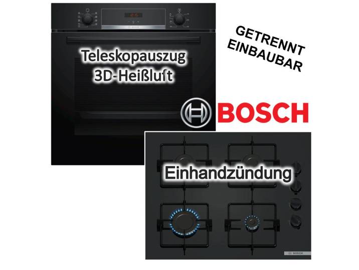 BOSCH Backofen-Set Backofen 3DHeißluft Hydrolyse Teleskop + Gaskochfeld Einhandzündung, mit 1-fach Teilauszug