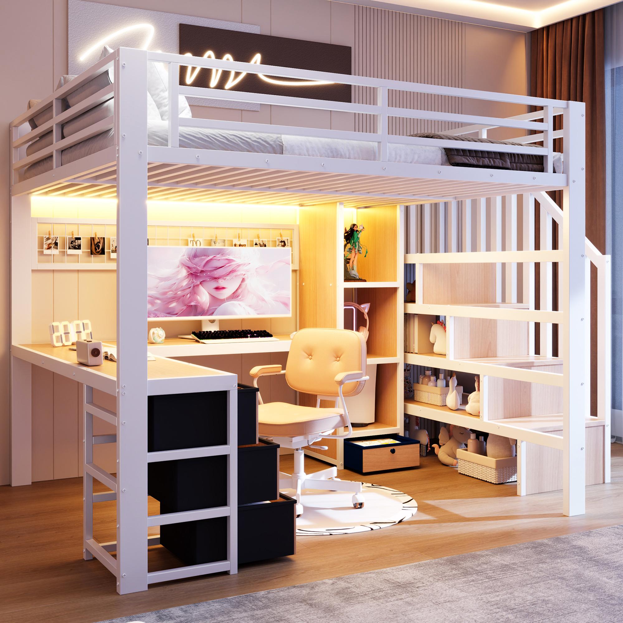 Hochbett, 140 x 200 cm, Eisenrahmen, Ablagefach, 4 Schubladen, Gitter zum Aufhängen von Gegenständen, mit LED-Lichtleiste, Schreibtisch