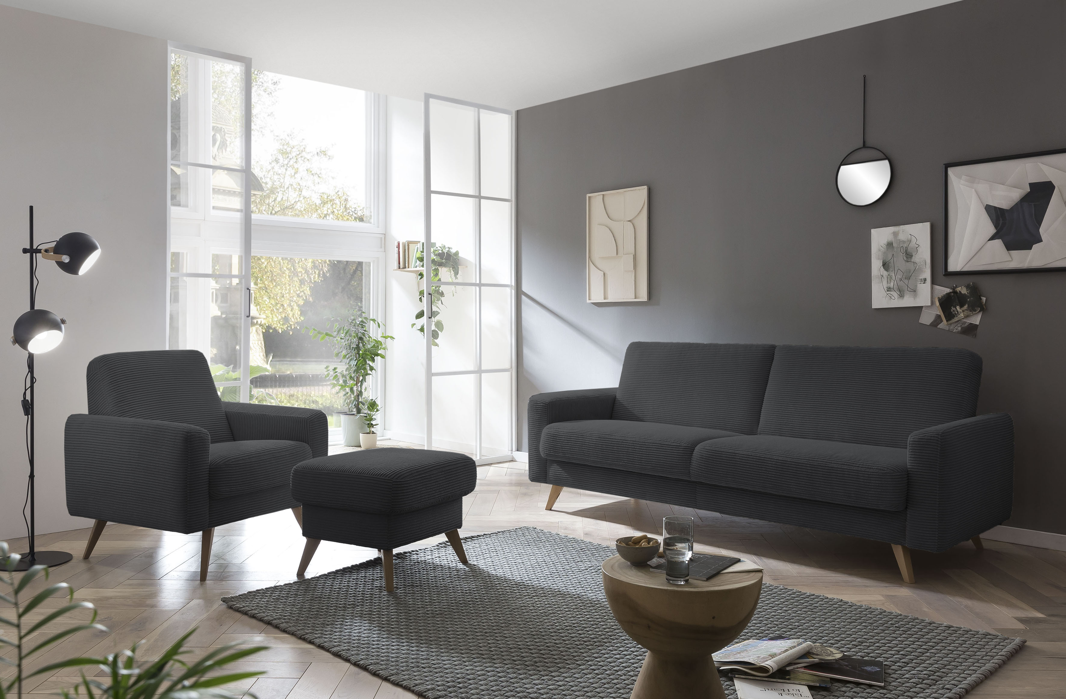 Hocker EXXPO - SOFA FASHION "Samso, kompakte und bequeme Sitzgelegenheit in aktuellem Cord Bezug", grau (anthrazit), B:57cm H:47cm T:57cm, Hocker, Hocker