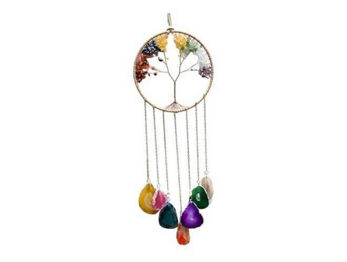 Windspiel Lebensbaum 7 Chakra Achat Scheiben Regenbogen, Mehrfarbig, Stein, 16x55x16 cm, Dekoration, Gartendeko