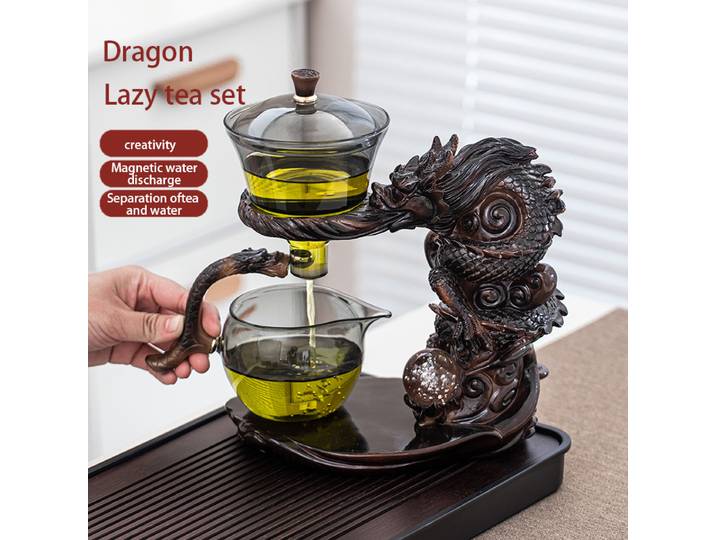1 Ensemble de service à thé paresseux - Théière en verre à bec verseur magnétique automatique, tasse à thé, pot à thé, plateau à thé, service à thé Kung Fu chinois