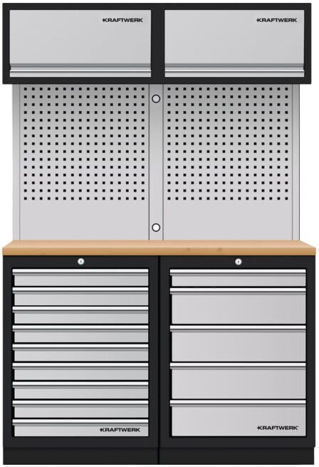 Mobilier d'atelier Mobilio 2 éléments Kraftwerk 3964K-95K2, 5 & 9 tiroirs, unité murale, plan de travail multiplex (3964K-95K2)