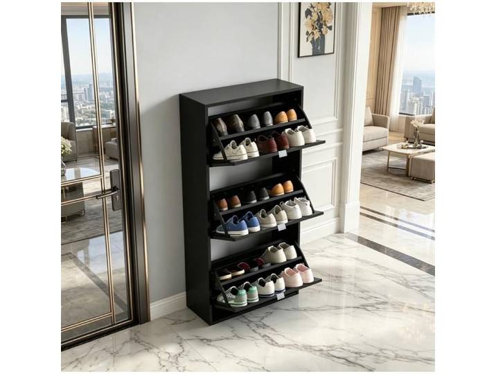 Meuble Chaussures 3 Portes Noires - Armoire Rangement Chaussures Moderne avec Réglables Noir