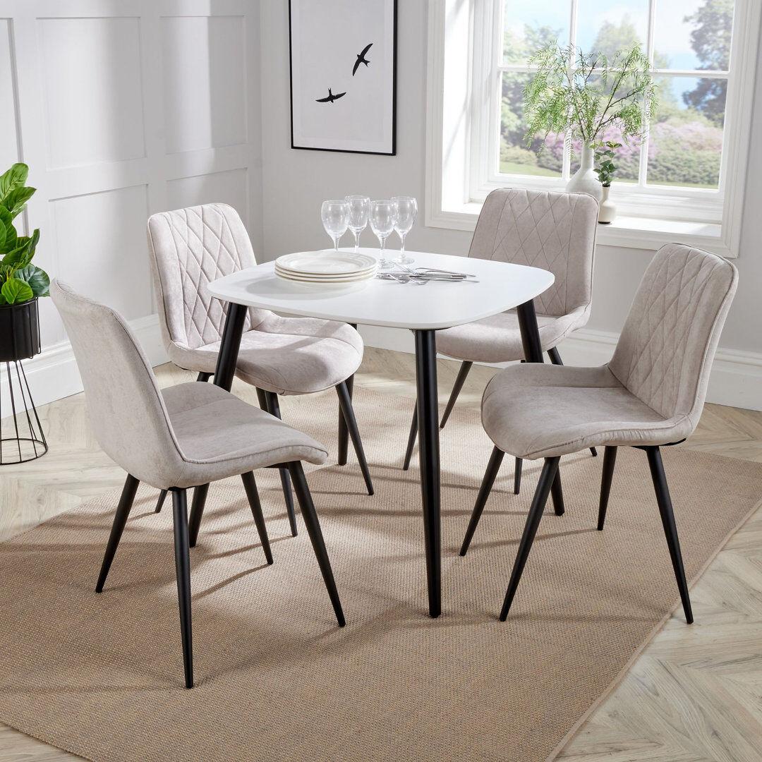 George Oliver Aspen 5-Piece Casual Dining Set - Square Dining Table & Four Upholstered Diamond Fabric Chairs White/Natural 4