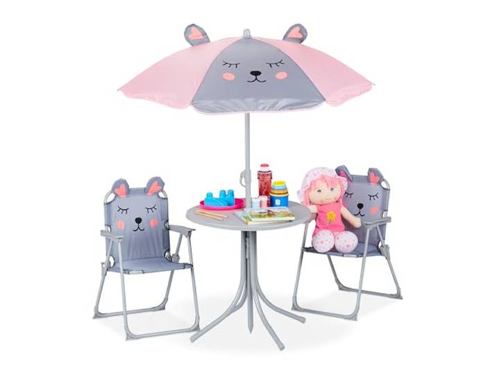 Relaxdays Camping Kindersitzgruppe, Kindersitzgarnitur mit Schirm, Kinderklappstühle & Tisch, Strand & Garten, Farbwahl