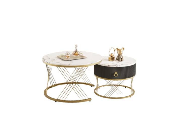 Okwish Couchtisch 70/70 cm und 50/50 cm weiß mit Marmoroptik und Goldakzenten 2er-Set, Weiß, 70x45x70 cm, Wohnzimmer, Wohnzimmertische, Couchtische