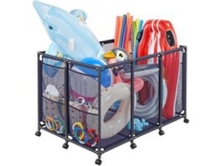VEVOR Pool-Aufbewahrungsbehälter, 125x84x84 cm, Aufbewahrungsbox, Aufbewahrungswagen, Organizer mit Seitentaschen & Rollen, Robustem Metallrahmen, Netzkorb für Poolspielzeug