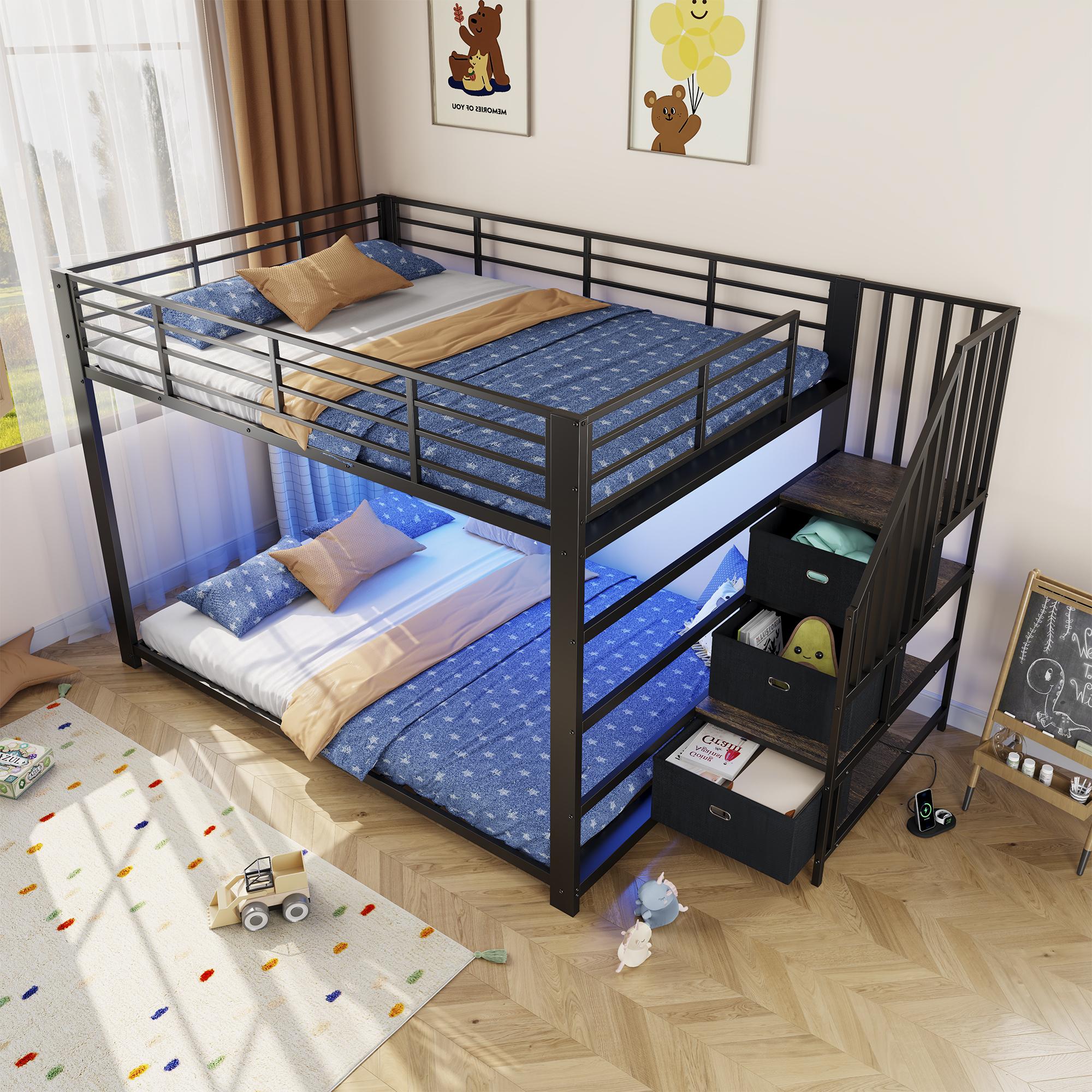 Etagenbett 140x200, Metall, Treppe, Stauraum, LED, Steckdose, Doppelstockbett, Treppe links/rechts montierbar