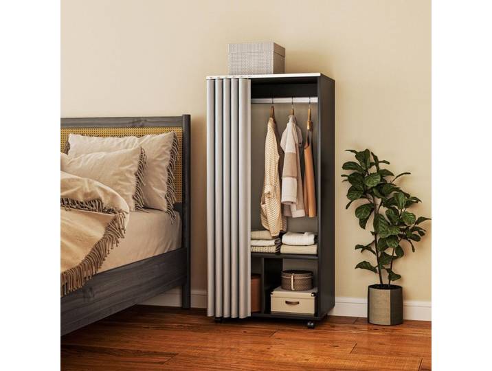 Armoire penderie Armoire de Rangement Mobile avec rideau Panneaux de Particules tringle de suspension noir