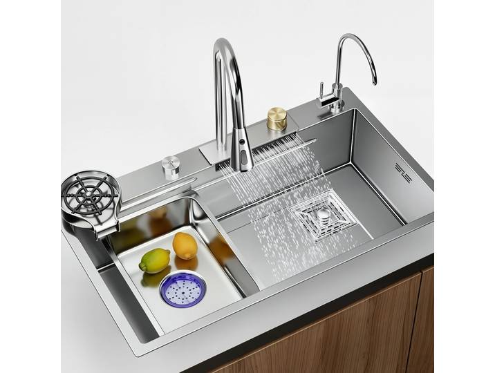 Évier de cuisine en acier inoxydable 304 nano-revêtu, grand bac unique avec robinet cascade, bassin de lavage profond pour la maison