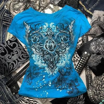Uplift Essentials Women Y2k Grunge Rhinestone Heart Rose T Shirt s
