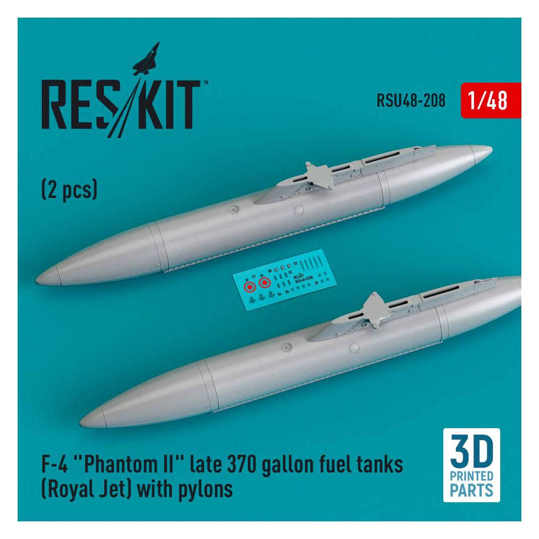 ResKit F-4 Phantom II late 370 gallon fuel tanks (Royal Jet) with pylons (2 pcs) (3D Printed) (RSU48-0208)