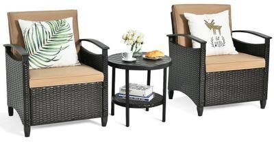 Costway 3 Pieces Patio Rattan Furniture Set Cushioned Sofa Storage Table with Shelf Garden