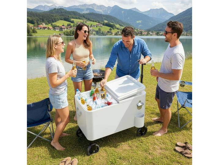 kowdom Trolley-Kühlbox Getränkekühler Servierwagen 56L mit Rollen & Flaschenöffner, Flaschenöffner, Ablass, Rollen, höhenverstellbarer Griff