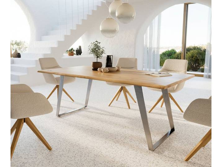 DELIFE Esstisch Edge, Eiche Natur 200x100x2,5-3 Edelstahl Schräg Live-Edge Esstisch