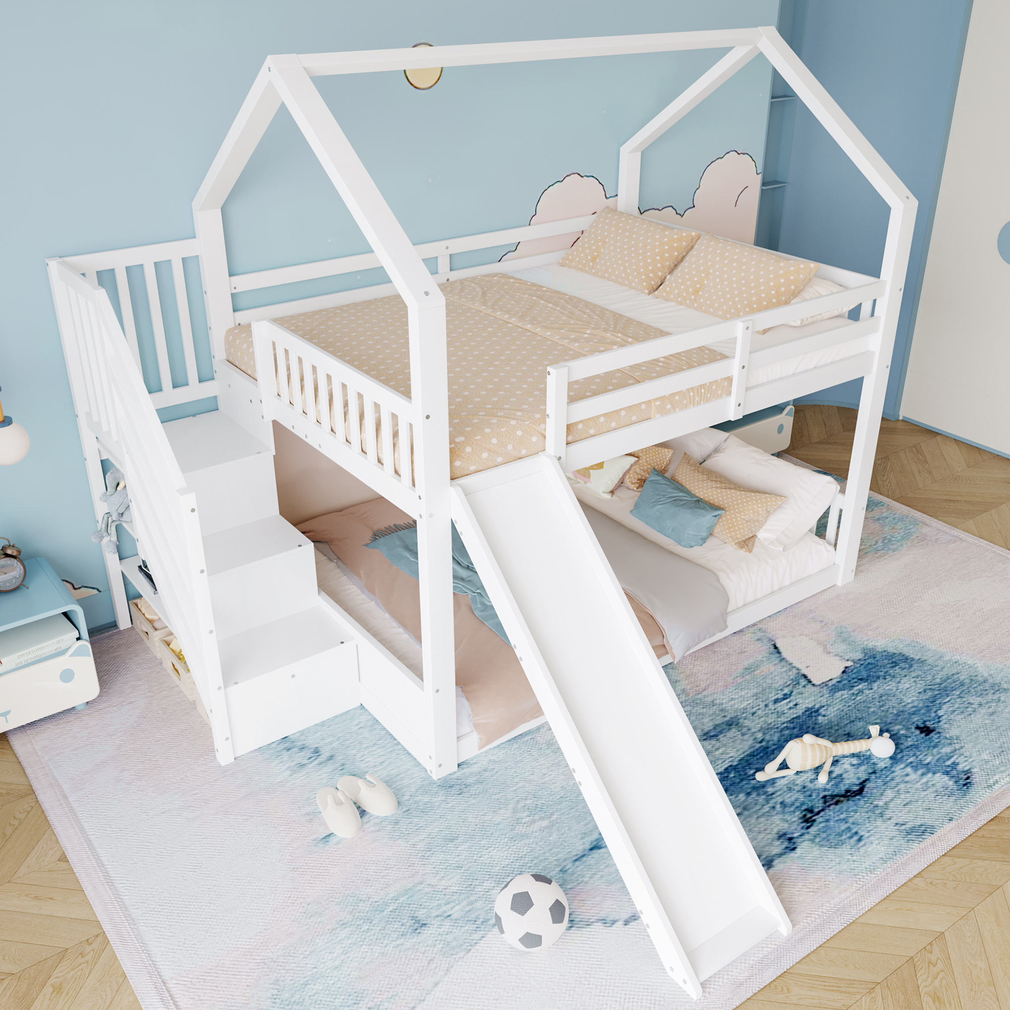 MODFU Etagenbett 140x200 mit 2 Matratzen Jugendbett mit Rutsche und Treppe Hausbett mit Sicherheitsgeländer Unterbett ohne Lattenrost,Weiß