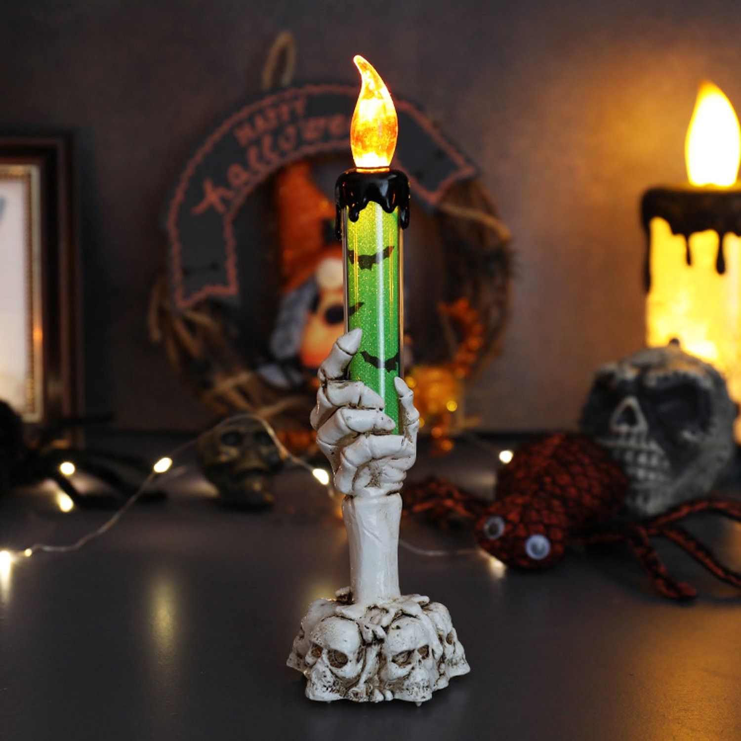 Elektronische kaarslamp met spookhandje voor Halloween-decoratie - Groen