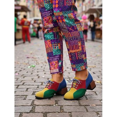 Damen Mardi Gras mehrfarbige Patchwork Blockabsatz Oxfords – Retro Farbblock Schnürpumpen für Karnevalskostüme Clowns funky Alltagskleidung