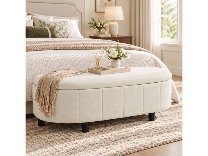 HOMCOM Banquette Coffre 2 Places Chenille 118x45x44cm Crème