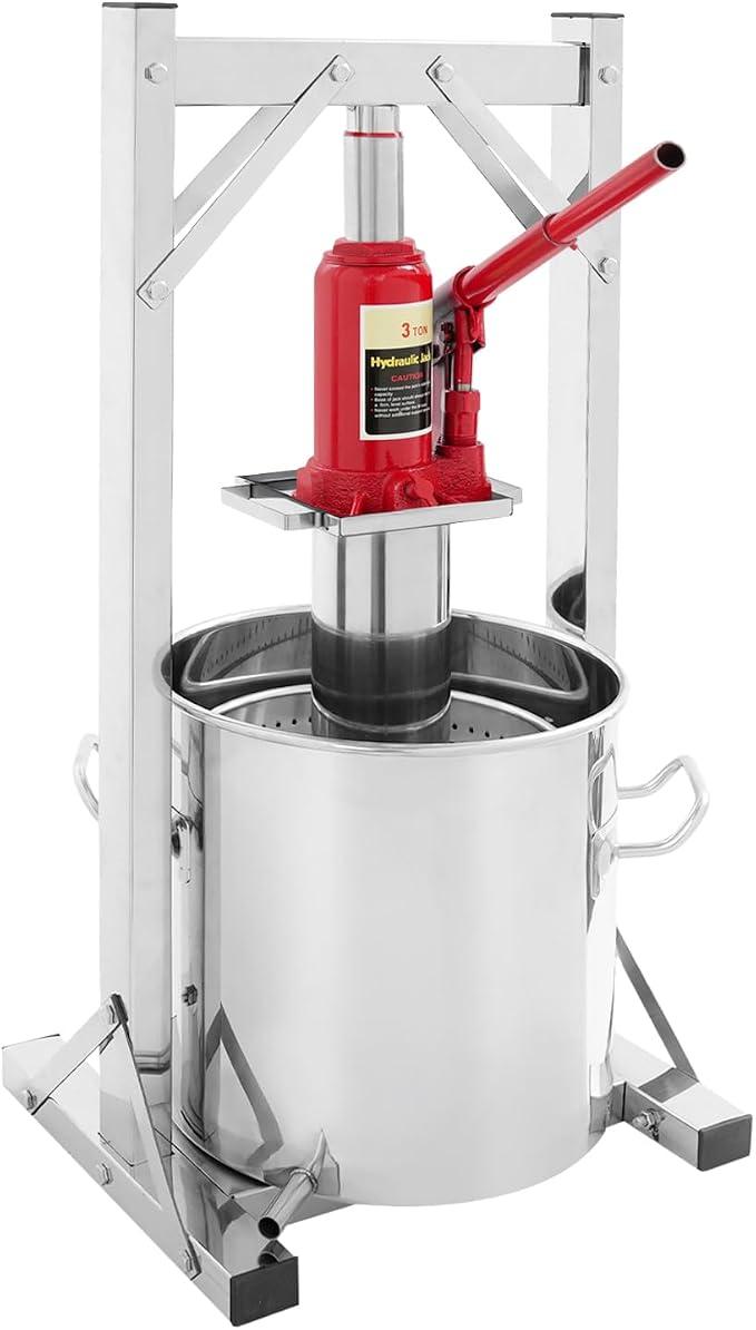 12L 3T Edelstahl Obstpresse Obstmühle Frucht Saftpresse Weinpresse Apfelpresse manuelle Weinpresse-Bausatz mit Innenfilter-Eimer, Hydraulikheber und Pressenrahmen