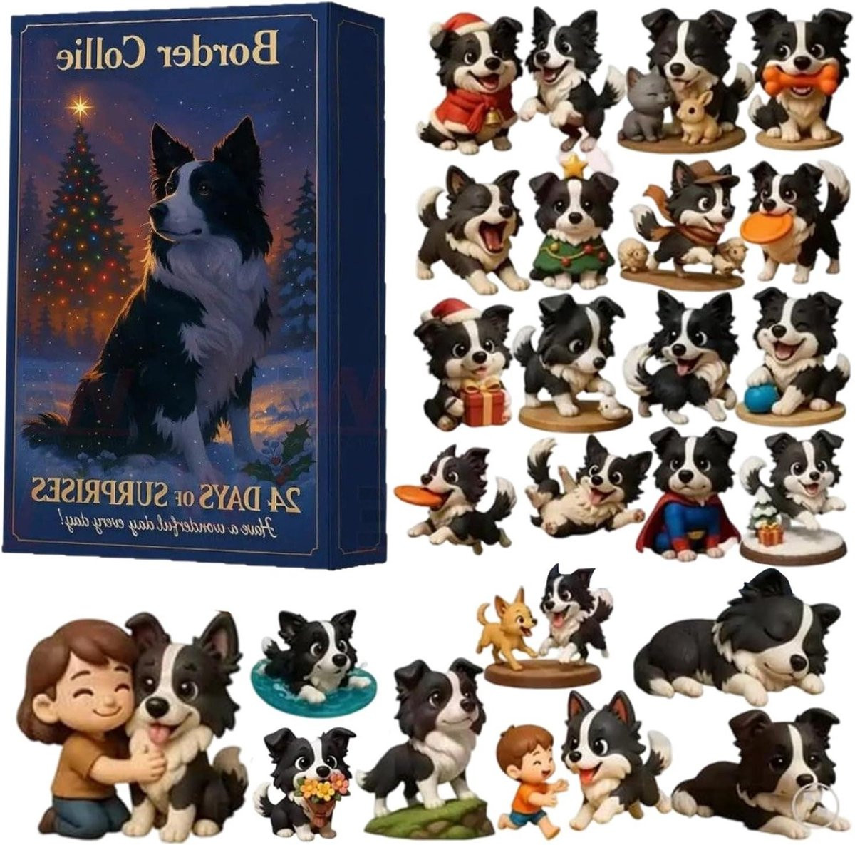 Kerstkalender Acryl met Honden Beeldjes en 24 Verrassingen - Grens Collie - 26 x 18 cm