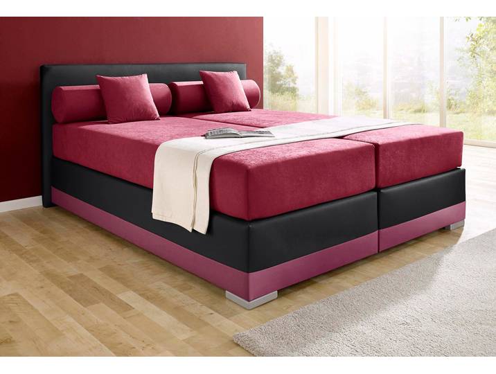 Boxspringbett, 187x210 cm, Microvelours/Kunstleder, Bordeauxrot/Schwarz, Mit Obermatratze, Modern, Maintal