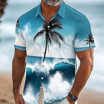 Herren Kokosnussbaum Meer Hawaiihemd Sommerhemd Aloha-Shirt Kurzarm Hawaiianisch Strand Design Urlaub Strand Sommer Frühling Umlegekragen Knopf hoch Blau 1# Blau