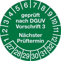 Prüfplakette ab 27, DGUV Vorschrift 3 Nächster Prüftermin, Jahresfarben, Folie - Bogen = 10 Plaketten - 20 mm Folie selbstklebend