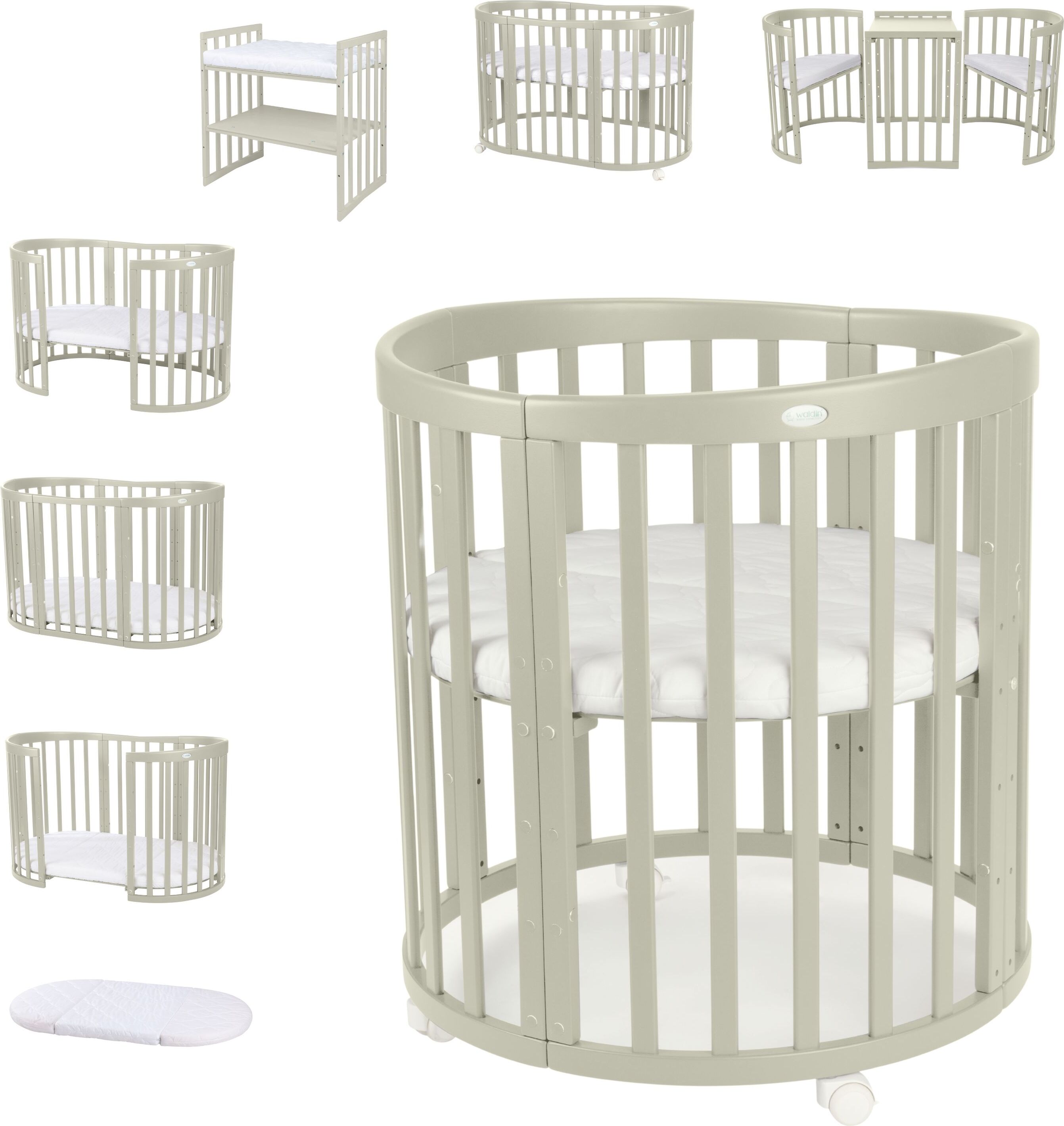 Waldin Babybett Oval 7in1 mitwachsend, Beistellbett, Matratze, Rollen, Buche, Olive