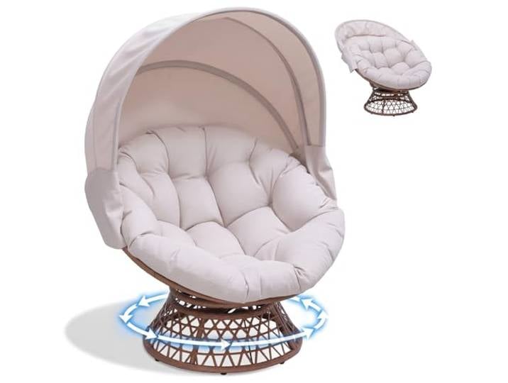 COMHOMA Papasansessel, gemütlicher Drehsessel mit Kissen rund, bequemer Rattansessel, Loungesessel drehbar, runder Relax Korbsessel Rattan für Wohnzimmer, Leseecke, Lounge - BEIGE