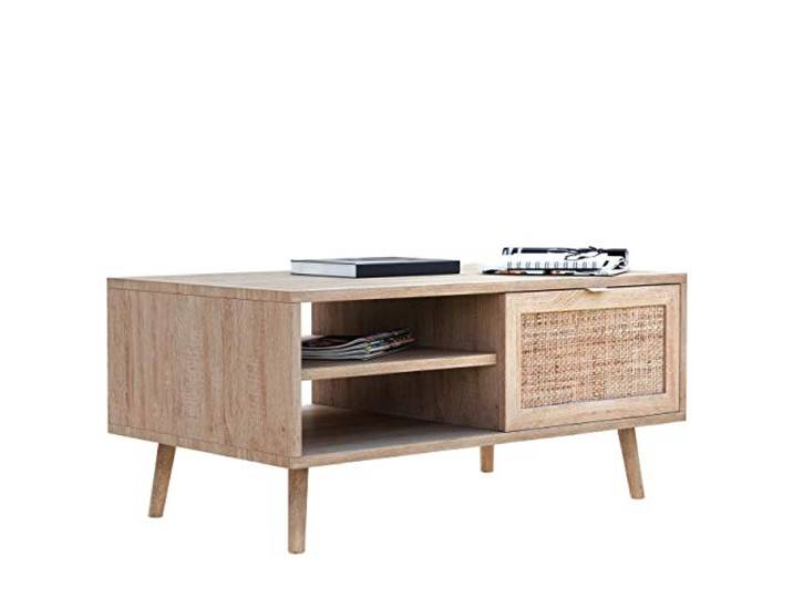 Newfurn Couchtisch Rattan Optik Sonoma Eiche Wohnzimmertisch Boho modern