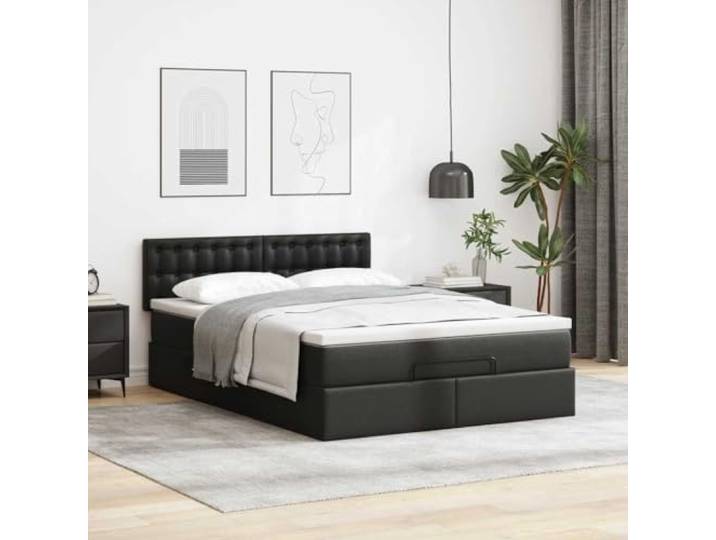 KTHLBRH Pouf Bett mit Matratze Schwarz 140 x 200 cm Kunstleder Hydraulischer Aufzug, Stauraum, Taschenfederkernmatratze, inklusive Matratzenbezug