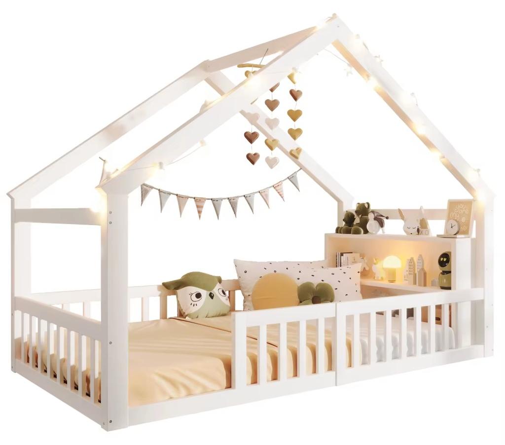 Kinderbett - Einzelbett aus Kiefernholz - 90 x 190 cm - Hausförmiges Schutzgitter - Rausfallschutz - Lattenrost - Weiß