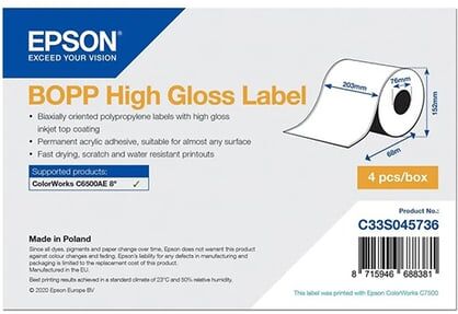 Epson C33S045736 BOPP etiqueta de alto brilho 203 mm x 68 m