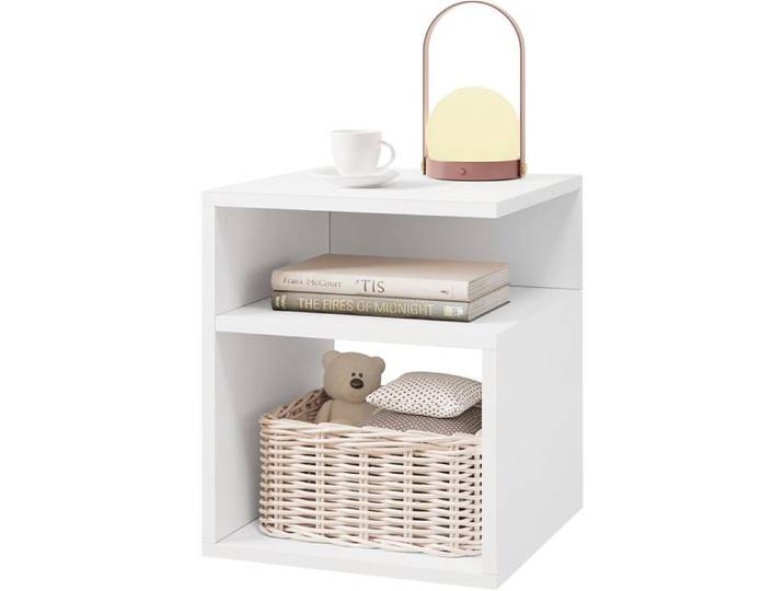 Table de Chevet Blanche 2 Compartiments Ouverts – Table de Nuit Compacte Bois Ingénierie Design Simple 35x35x41 cm Petit Espace