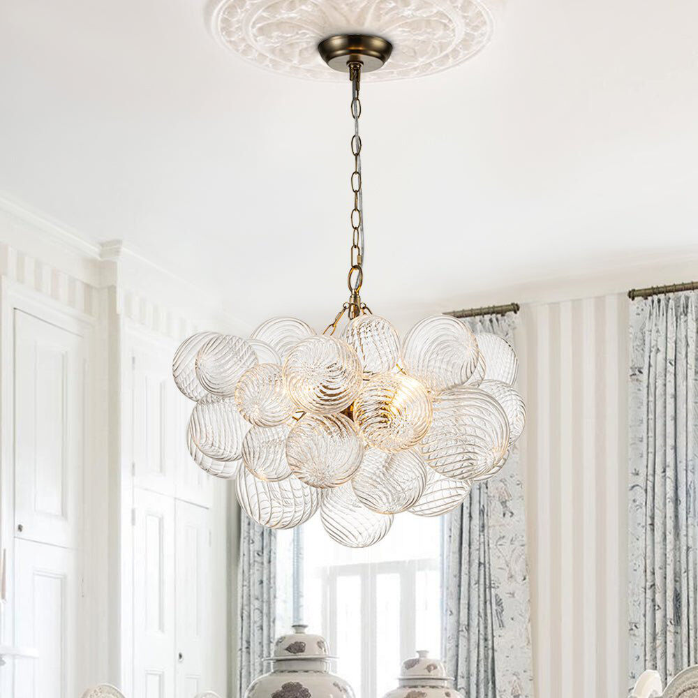 Fairmont Park Mahood 3-Light Twisted Ribbed Glass Bubble Globe Chandelier Sputnik Ceiling Light Brass 45cm H X 60cm W X 60cm D