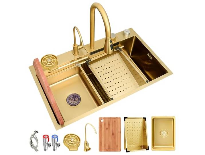 AIVANOTO 75x50cm Goldene Wasserfall-Küchenspüle, Mit Ausziehbarem Wasserhahn, Kleinem Becken, Tassenspüle, Abflusssets, Küchenbar-Spüle Aus Edelstahl, Große Einzelspüle, Nanobeschichtet