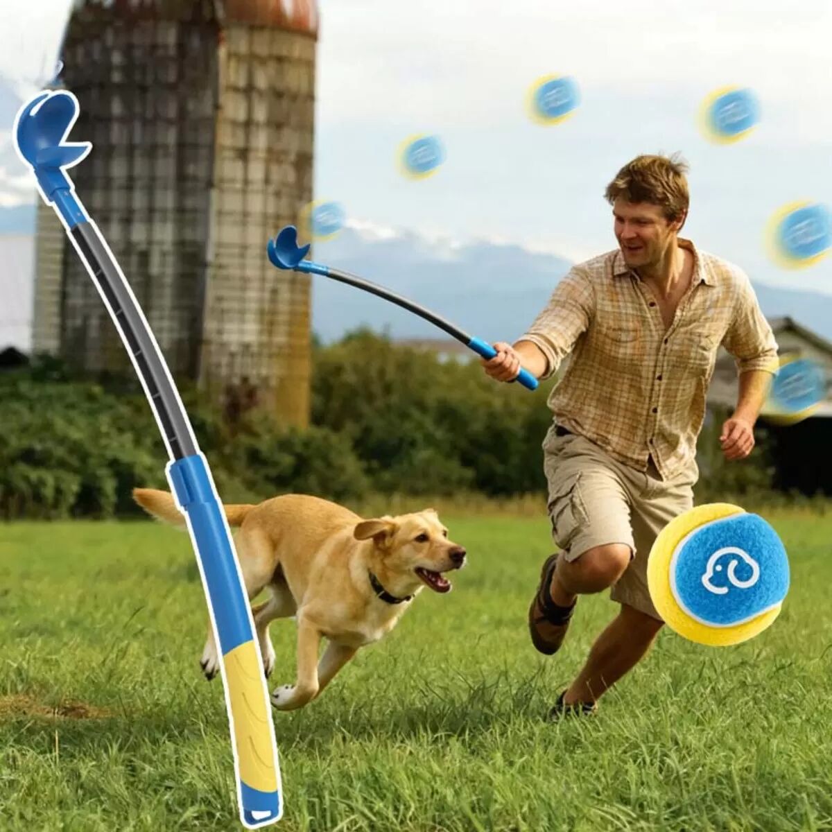 INF Lanceur de balles télescopique pour chien avec balle de tennis - Jouet interactif pour chien