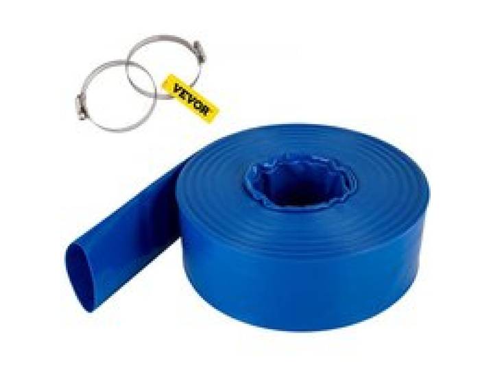 VEVOR Abflussschlauch, 51 mm x 32 m, PVC-Gewebe-Flachschlauch, robuster Rückspül-Ablaufschlauch mit Klemmen, wetterfest und platzsicher, ideal für Schwimmbad und Wassertransfer, blau